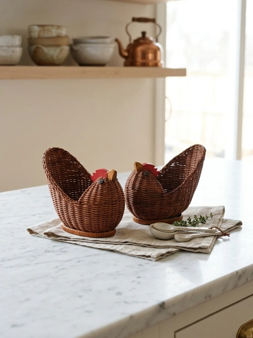 Vintage Pair of Mini Woven Wicker Chicken Baskets with Red Wooden Combs